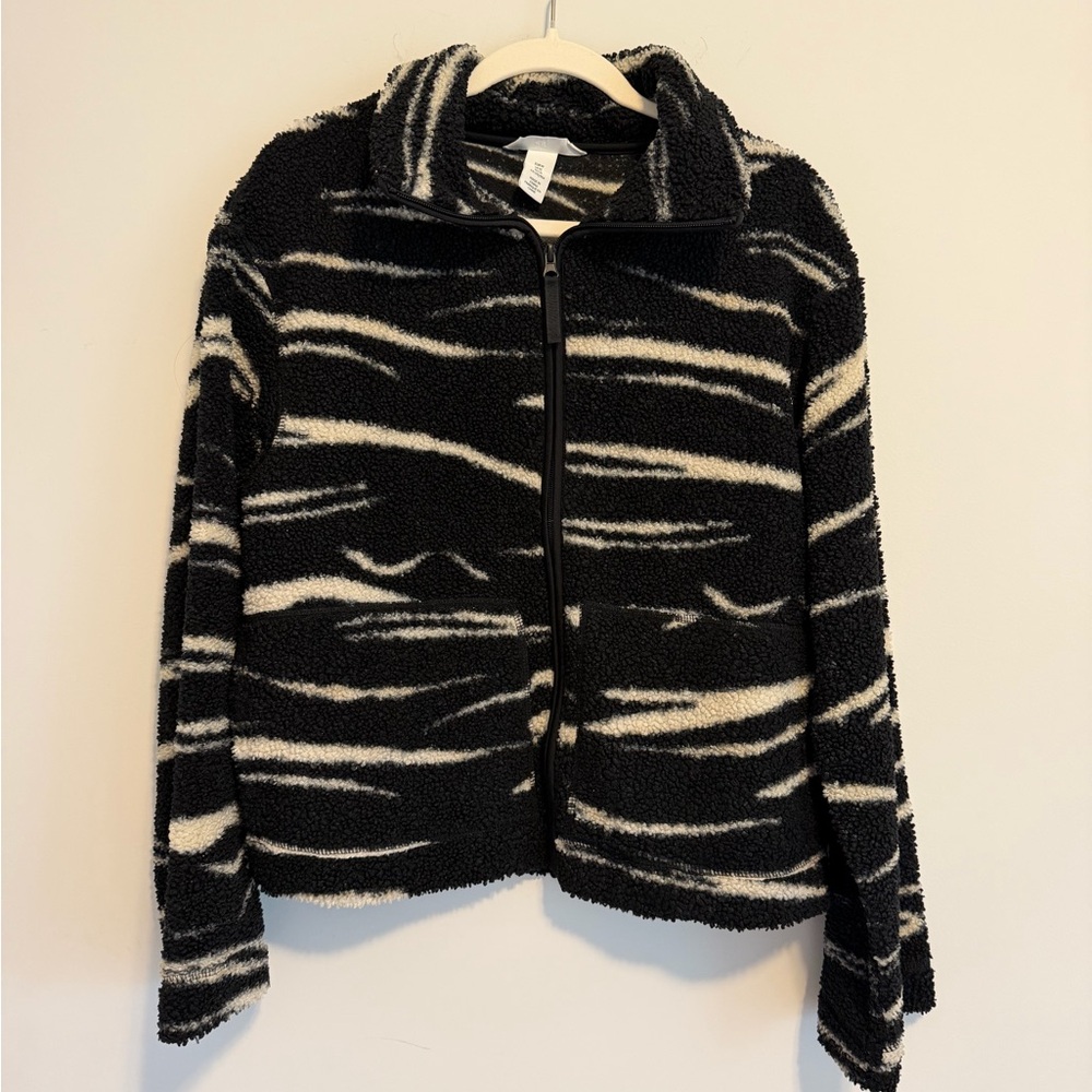 H&M Black and White Striped Sherpa Zip Jacket
